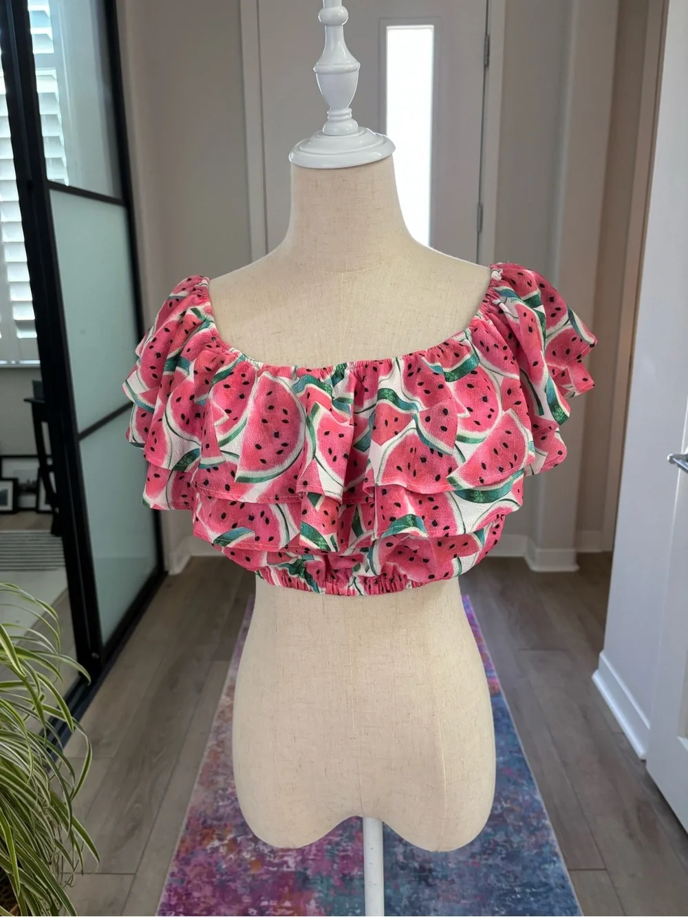 SHOW ME YOUR MUMU Watermelon Print Off The Shoulder Cropped Top